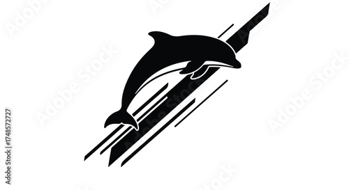 Sleek black dolphin leaps from water with dynamic abstract lines
