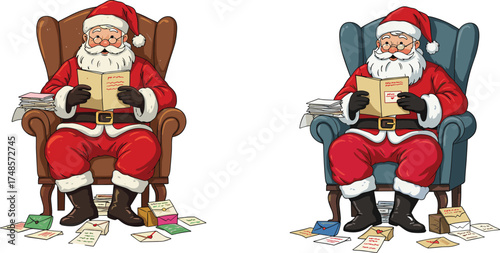 Santa Claus reading letters flat vector illustration, holiday mail, Christmas wish list, festive armchair scene, colorful envelopes, traditional costume