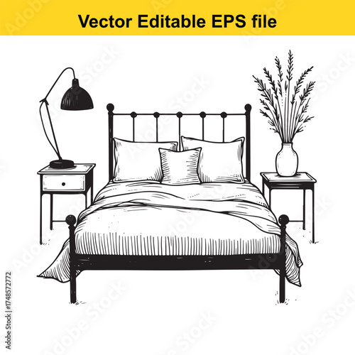 Vector art of cozy bedroom interior with a bed, pillows, bedside tables, and a lamp, sketch style
