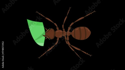 Animated video of an ant carrying a leaf on a black background, insect, cartoon.