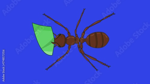 Animated video of an ant carrying a leaf on a blue background, art, insect, cartoon.