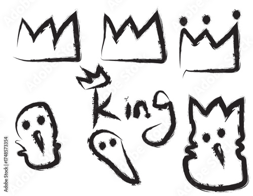A collection of hand-drawn graffiti style crowns and quirky characters with the word King.