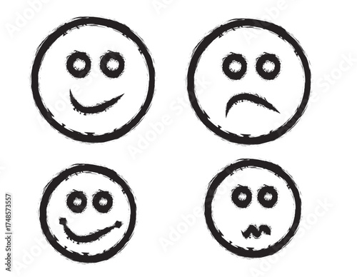 Four hand-drawn smiley faces depicting different emotions, including happy, sad, and confused.