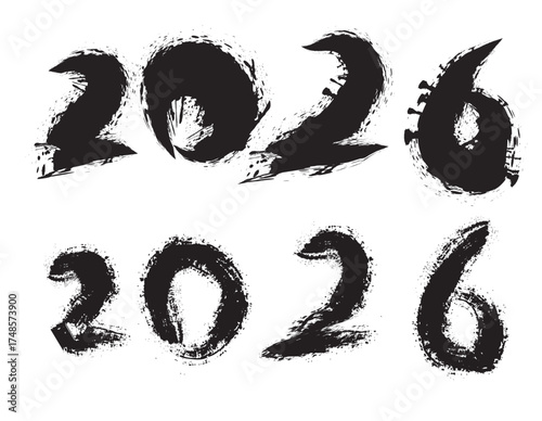 Artistic renderings of the year 2026 in a black grunge brushstroke calligraphy style on a white background.