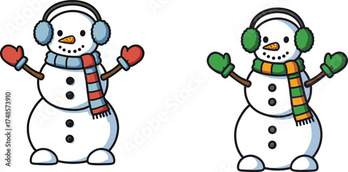 Winter snowman flat vector illustration, cartoon characters with scarf, earmuffs, mittens, boots, carrot nose, coal eyes, colorful festive design