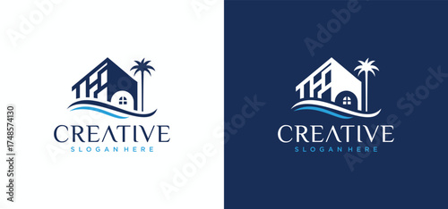 beach house logo design, vector logo of houses and buildings on the coast.