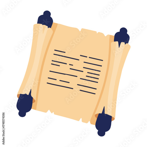 An old, tattered scroll with text written on it, rolled up and tied with dark blue fasteners.