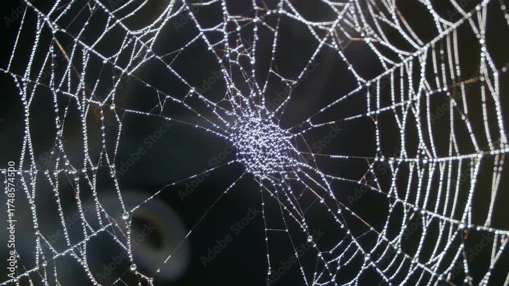 Detailed spiderweb glistening with water droplets against dark background, nature's delicate artwork.