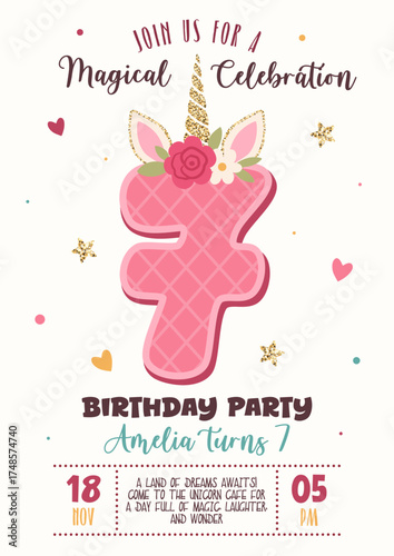 Birthday invitation with cute unicorn number 7 and floral elements. Magical celebration, kids party poster, fantasy design. Vector illustration. Unicorn, horn, glitter, flowers, pink, gold, confetti