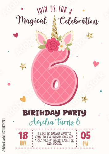 Birthday invitation with cute unicorn number 6 and floral elements. Magical celebration, kids party poster, fantasy design. Vector illustration. Unicorn, horn, glitter, flowers, pink, gold, confetti