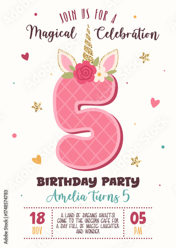 Birthday invitation with cute unicorn number 5 and floral elements. Magical celebration, kids party poster, fantasy design. Vector illustration. Unicorn, horn, glitter, flowers, pink, gold, confetti