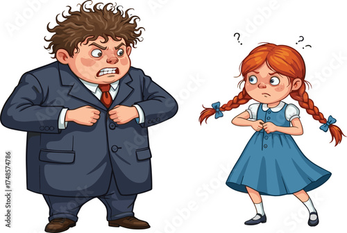 Angry man and worried girl cartoon, emotional conflict illustration, expressive characters, confrontation scene, storytelling moment, dramatic tension, white background