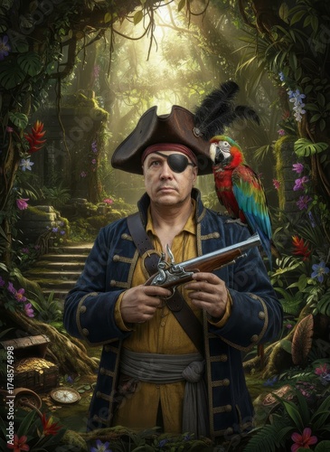 Mature man dressed as a pirate holding a pistol in lush jungle  
