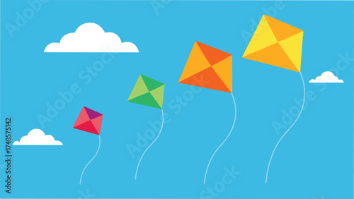 Vector art of a colorful illustration of kites flying in the sky with clouds, perfect for a childrens book or poster