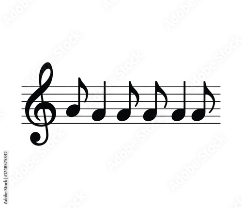 Treble Clef and Music Notes on Staff - Black Silhouette Vector Illustration