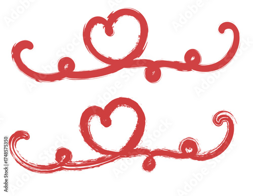 Two red heart-shaped decorative elements with swirling brushstroke lines on a white background, perfect for romantic designs.