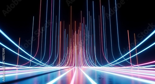 Abstract background with glowing lines and reflection in blue and red colors