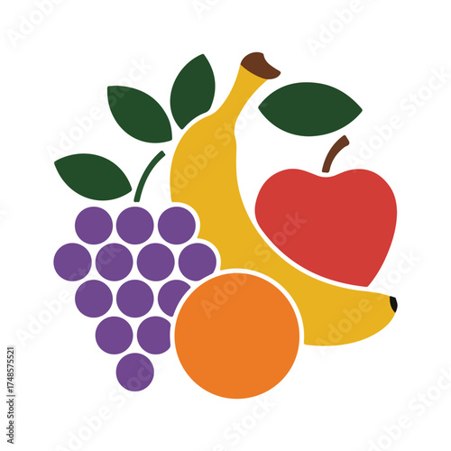 A vibrant illustration of a bunch of grapes, a banana, an apple, and an orange, isolated on a white background