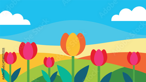 Vector art of a vibrant tulip field under a clear blue sky with fluffy white clouds creates a cheerful spring landscape scene