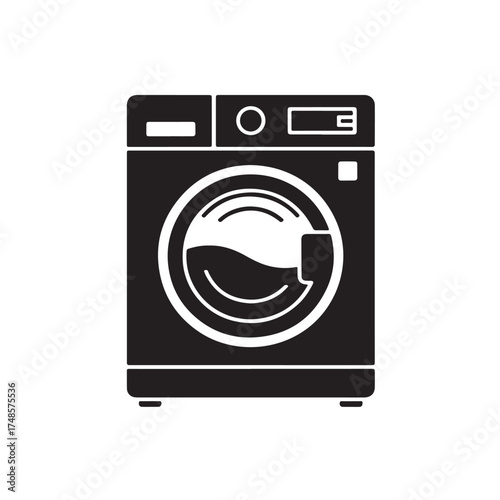 Black and white illustration of a frontloading washing machine isolated on white background