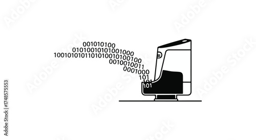 Digital data streams flowing into a modern computer terminal on a white background.