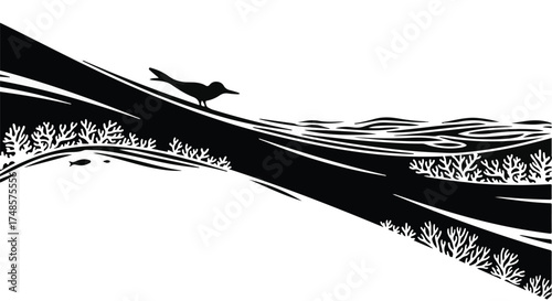 Solitary bird perched on a flowing riverbank in a minimalist black and white landscape