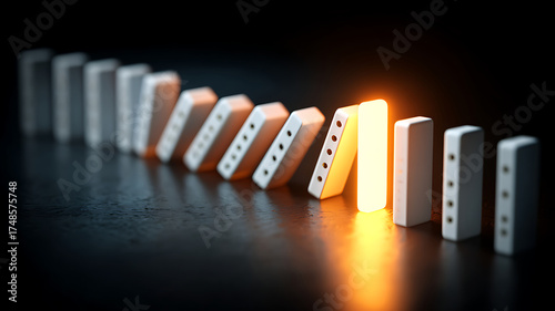 Domino effect: One domino piece is falling, triggering a chain reaction.