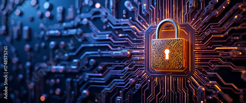 a connected metalick curcuite with glowing connection points, a 4d digital glowing golden lock standing on the middle, copy space on the left, warm and colors theme, 