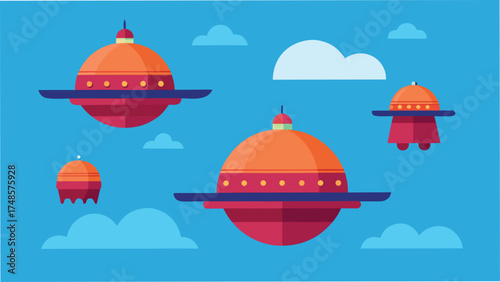 Vector art of a digital illustration of flying saucers in space with clouds and a blue background in a cartoon style