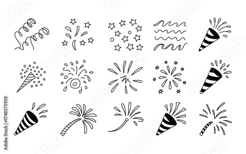 Hand-Drawn Party and Celebration Doodle Icon Set - Fireworks, Confetti, and Popper Sketch Vectors