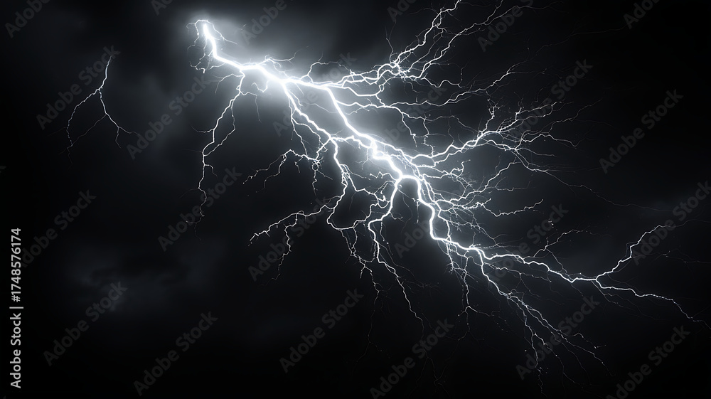 Fototapeta premium Dramatic lightning strike illuminates a dark, stormy night sky in monochrome.