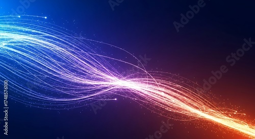 Abstract light trails with glowing particles in blue, orange, and purple