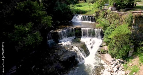 Aerial fly over waterfall