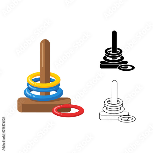 A ring toss game with stacked rings and additional line art renderings on white background silhouette