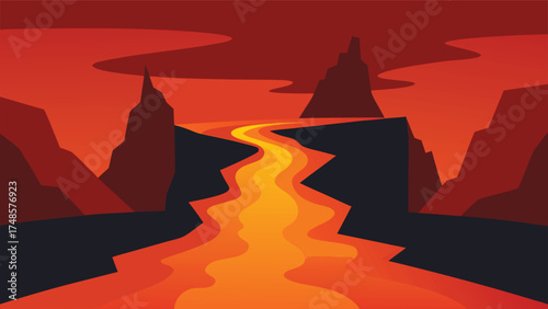 Vector art of lava river flowing through a volcanic landscape with mountains and clouds in a fiery and hot environment