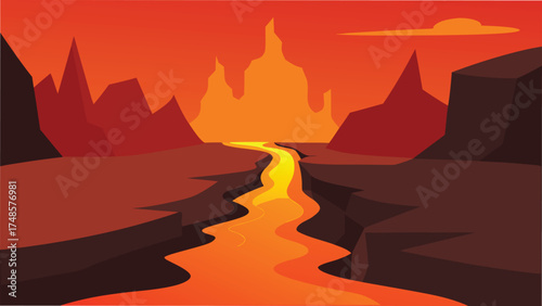 Vector art of a fiery river of lava flows through a desolate landscape with jagged mountains and an orange sky at sunset