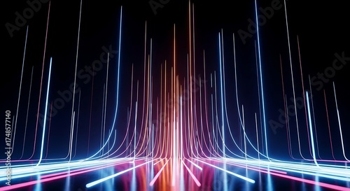 Abstract neon light trails on dark background, futuristic technology concept