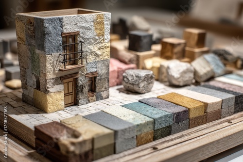 Miniature architectural model displays a small building with steps, plant life, and textured surfaces on a wooden base