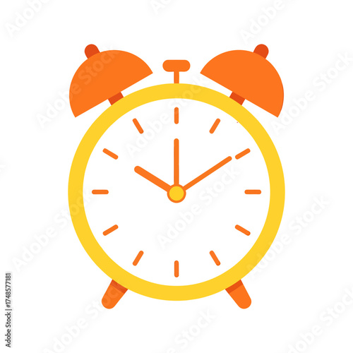 Illustration of a yellow alarm clock with orange bells and hands on a white background silhouette