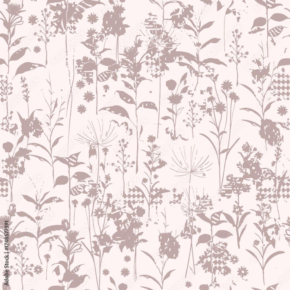 Fototapeta premium Seamless floral pattern, classic flower ornament, abstract ditsy print in vintage motif. Elegant botanical design of beautiful large wild flowers, leaves, small branches, herbs. Vector illustration.