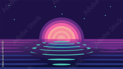 Vector art of synthwave sunset over the ocean with stars in the sky and reflections on the water surface illustration