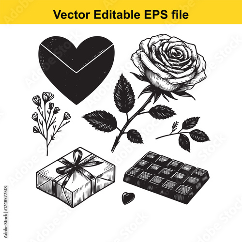 Vector art of handdrawn sketch of romantic elements, featuring a rose, heart, chocolate bar, and gift box, suggesting love and celebration