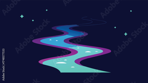 Vector art of a winding river flowing through a dark landscape with stars in the night sky illustration