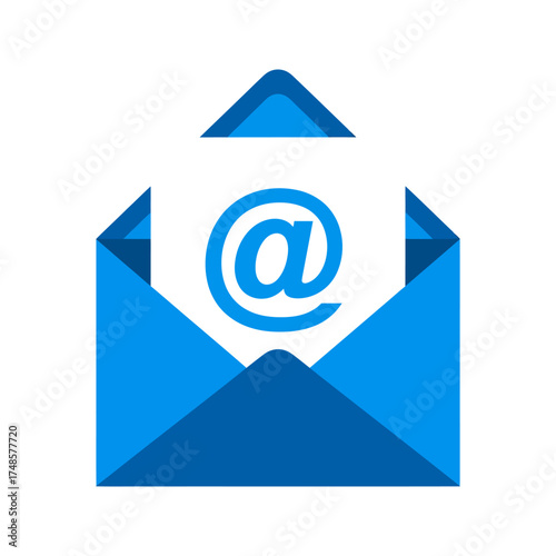 Illustration of a blue envelope with an at symbol on a white piece of paper inside it silhouette