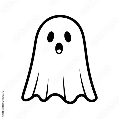 A simple cartoon ghost with black outline and surprised expression on a white background silhouette
