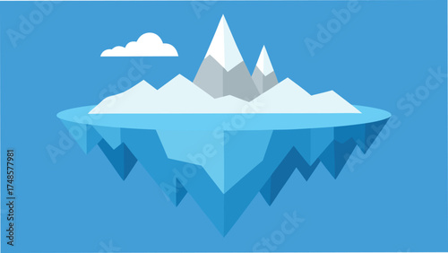 Vector art of a floating island with snowcapped mountains and a cloud against a bright blue sky in a minimalist vector style