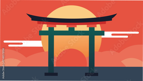 Vector art of a traditional japanese torii gate silhouetted against a sunset sky in a minimalist vector style