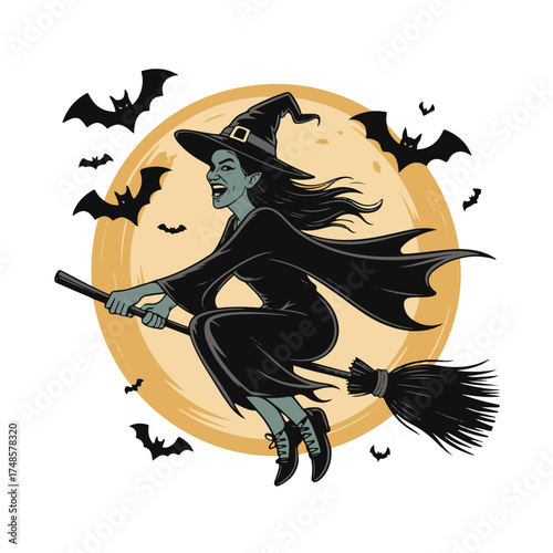 Halloween witch flying on a broomstick with bats and full moon, isolated on white background