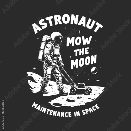 Astronaut Mowing Moon Vector Art Illustration: Maintenance in Space PNG Graphic Design for Print, Apparel, and Digital Projects - Unique Character Design