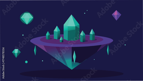 Vector art of floating island with crystal formations in a surreal, low poly landscape against a dark purple background